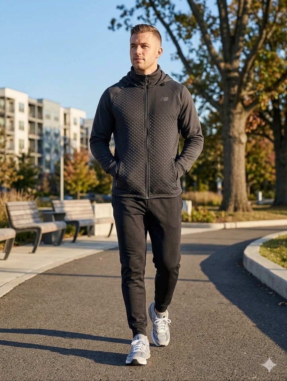 New Balance Mens Sz Large Full Zip Quilted Fleece Lined Gray Hooded Jacket